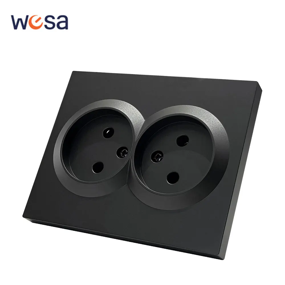 WESA Black Wall Double Socket 16A EU Standard Electrical Outlet Standard Ground Power Socket Flame Retardant Spray Paint Plastic