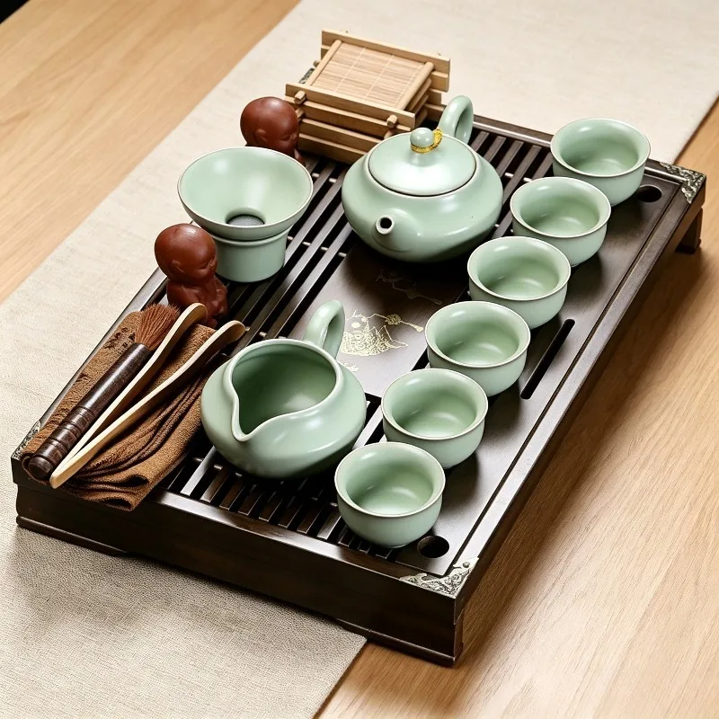 Ceramic Kung Fu Tea Set, Solid Wood Drawer Style Tea Tray, Complete Set, Ru Kiln, Ruyi Teapot, Chinese Tea Ceremony
