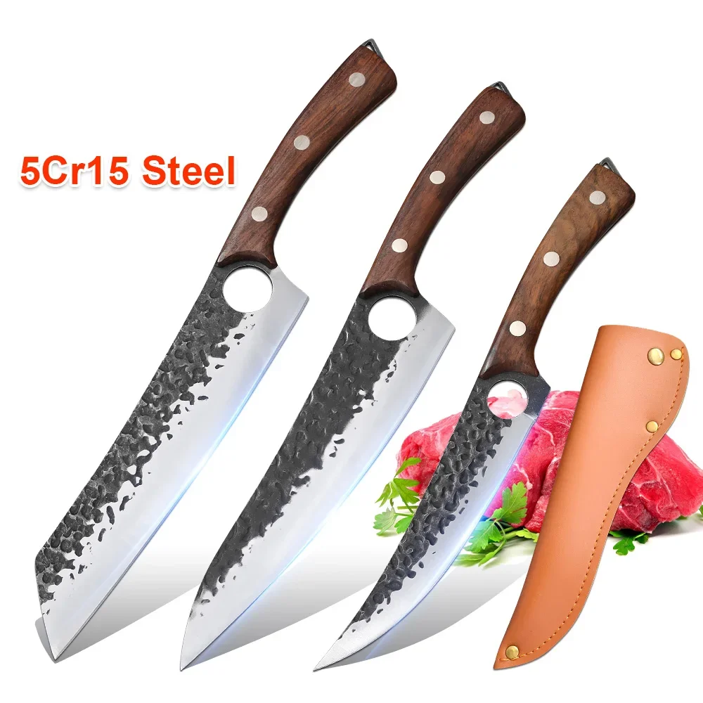 Hand Forged Blade Boning Knife Cleaver Meat Fruit Vegetables Kitchen Knives High Stainless Steel Chef Butcher Knife Wood Handle