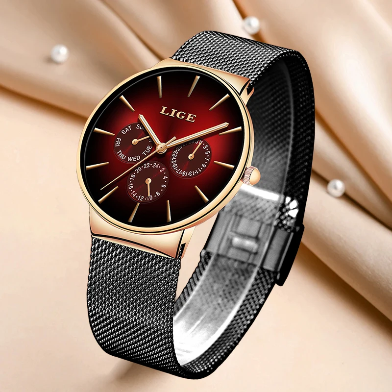 LIGE Elegant Creative Quartz Woman Watch Unique Dial Fashion Luxury Casual Mesh Belt Date Week Waterproof Watches for Women+Box