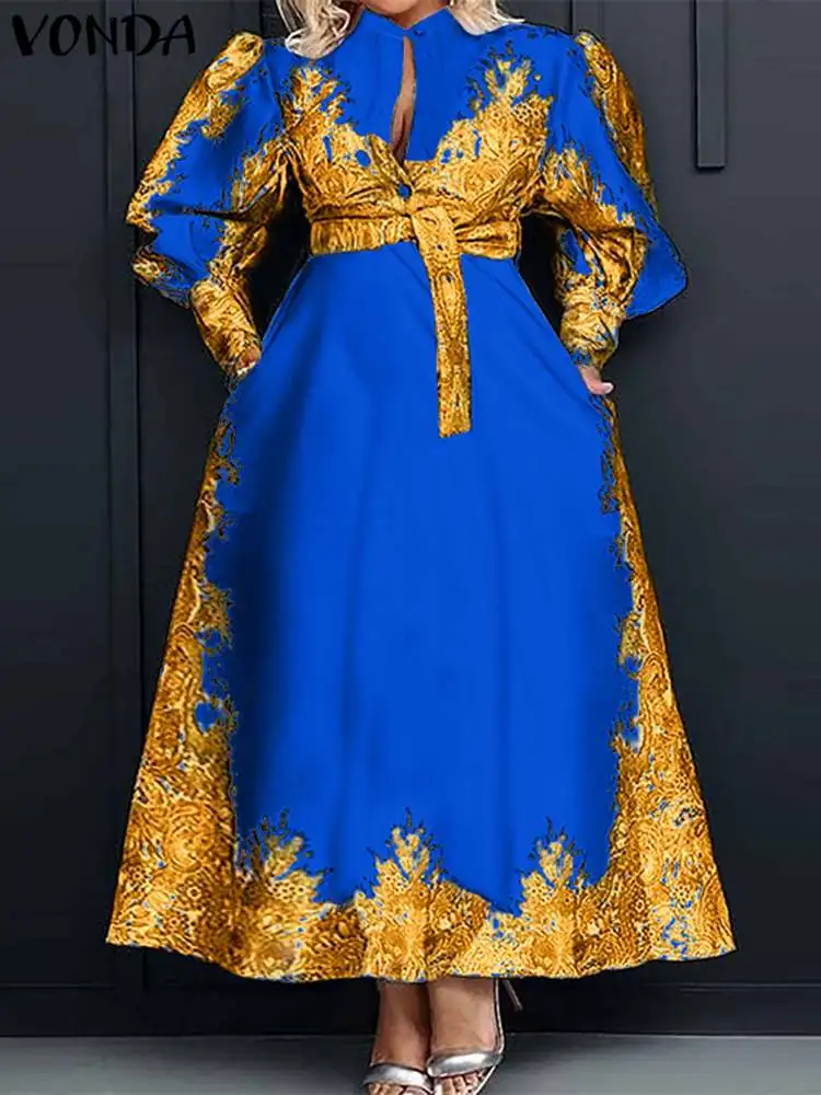 

VONDA Elegant Belted Shirt Dress Women Long Sleeve Printed Long Maxi Sundress 2024 Fashion Dress Buttons Vintage Casual Robe