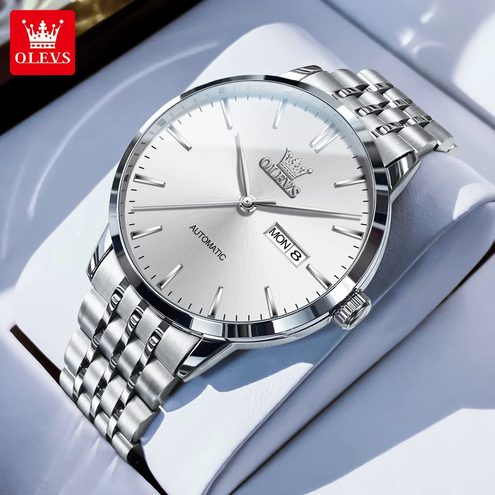 

OLEVS 7048 Mens Watch Original Automatic Watch Simple Fashionable Waterproof Luminous Stainless Steel Dual Calendar Display Man