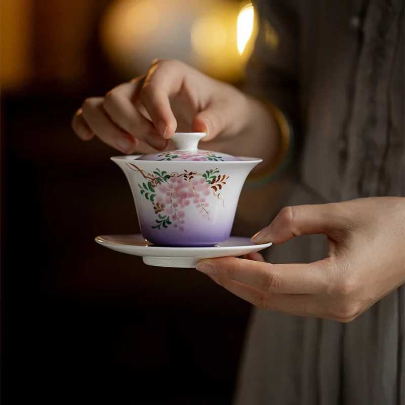 Jade Clay Hand-Painted Wisteria Ceramic Three-Talent Covered Kung Fu Set Household Offering Tea Brewing Bowl C