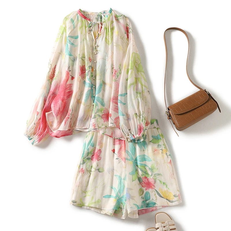 

High-End Anti-Aging Artistic plus Size Women's Cotton Linen Summer Cool Breathable Loose Long Sleeve Shirt High Waist Shorts