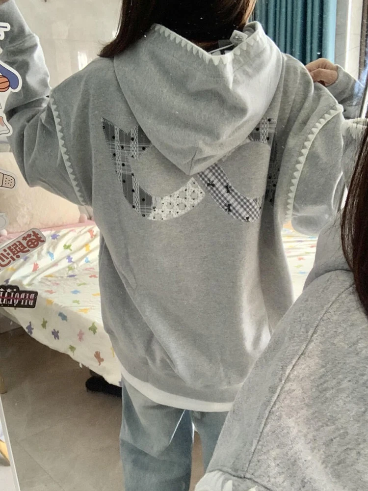 

Женская толстовка оверсайз с вышивкой и пэчворком, уличный стиль, длинный рукав, стандартная длина, осень-зима, новинка