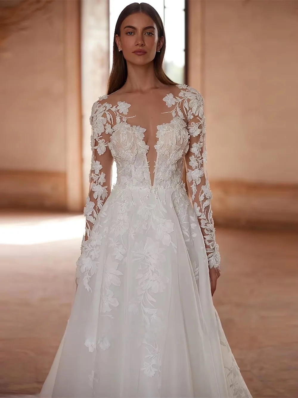 Robe de Mariée à Manches sulfet Col Rond, Personnalisée, Transparente, avec Appliques, Traîne, Ligne A, 2025