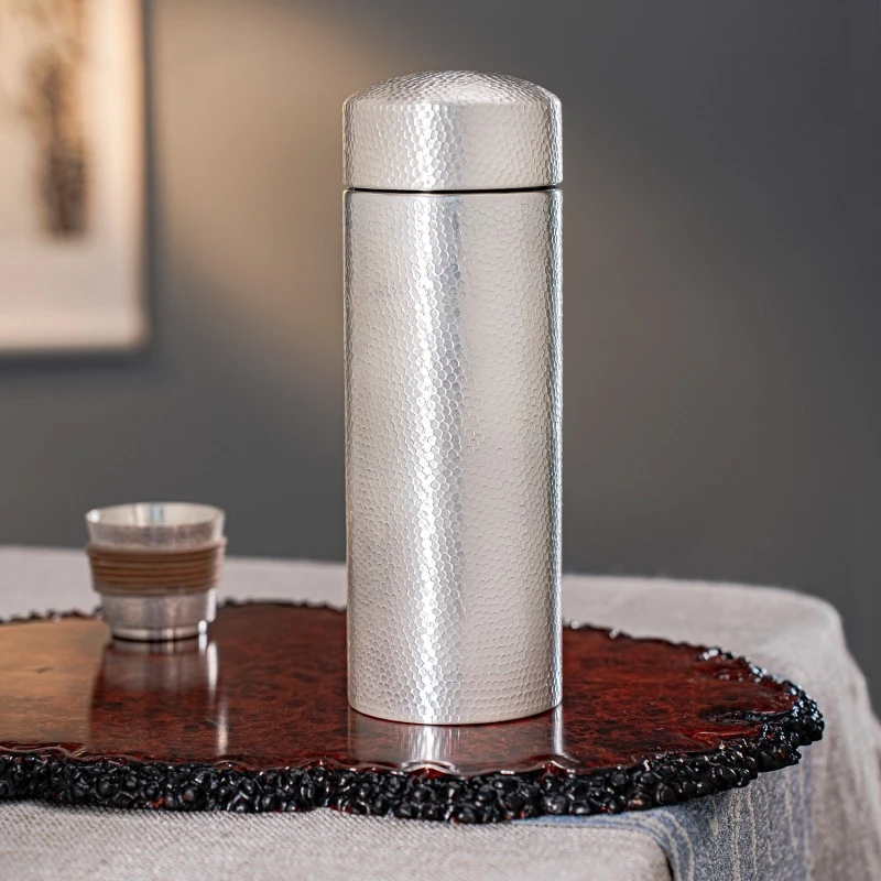 

Ручная работа из чистого серебра 99,9% с узором молотка, портативная чашка для приготовления чая с водой для офиса и наружного использования