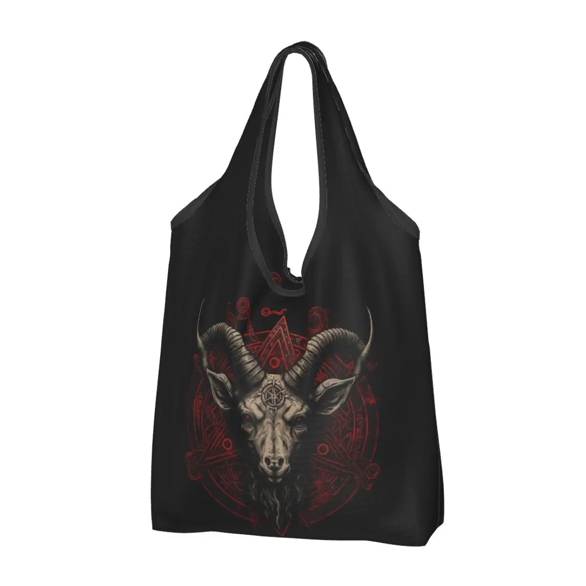 Occult Satanic Baphomet Goat In Pentagram Portable Tote Shopping Bags Foldable Shopper Bag Groceries Handbag Shoulder Bag