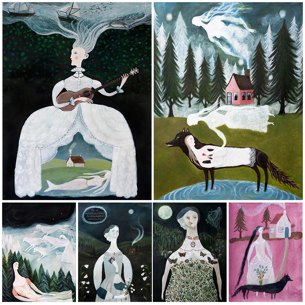 

Moth Faeries And The Spirit Of The Witch Wall Art Canvas Painting The Bride Of The Woods And Wolf Maiden Abstract Poster Prints