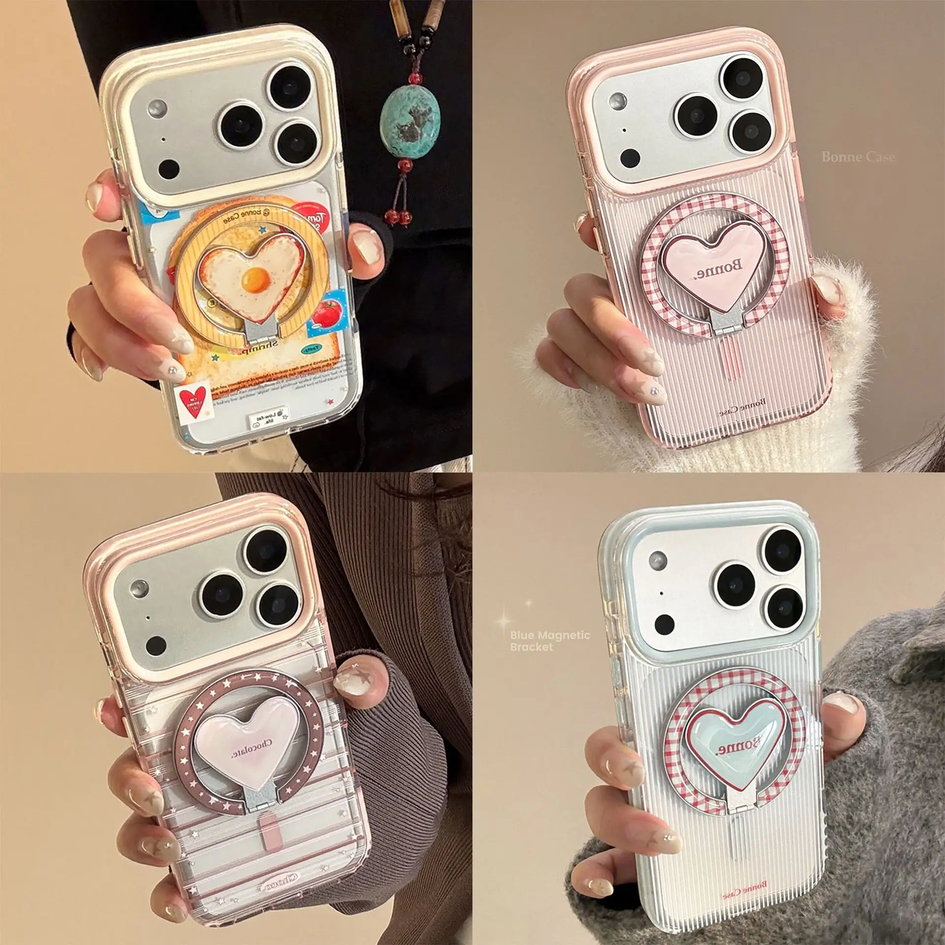 Korean Magnetic Fold Love Heart Bracket Phone Case For iPhone 17 16 15 14 13 12 Pro Max Clear Shockproof Protective Soft Cover