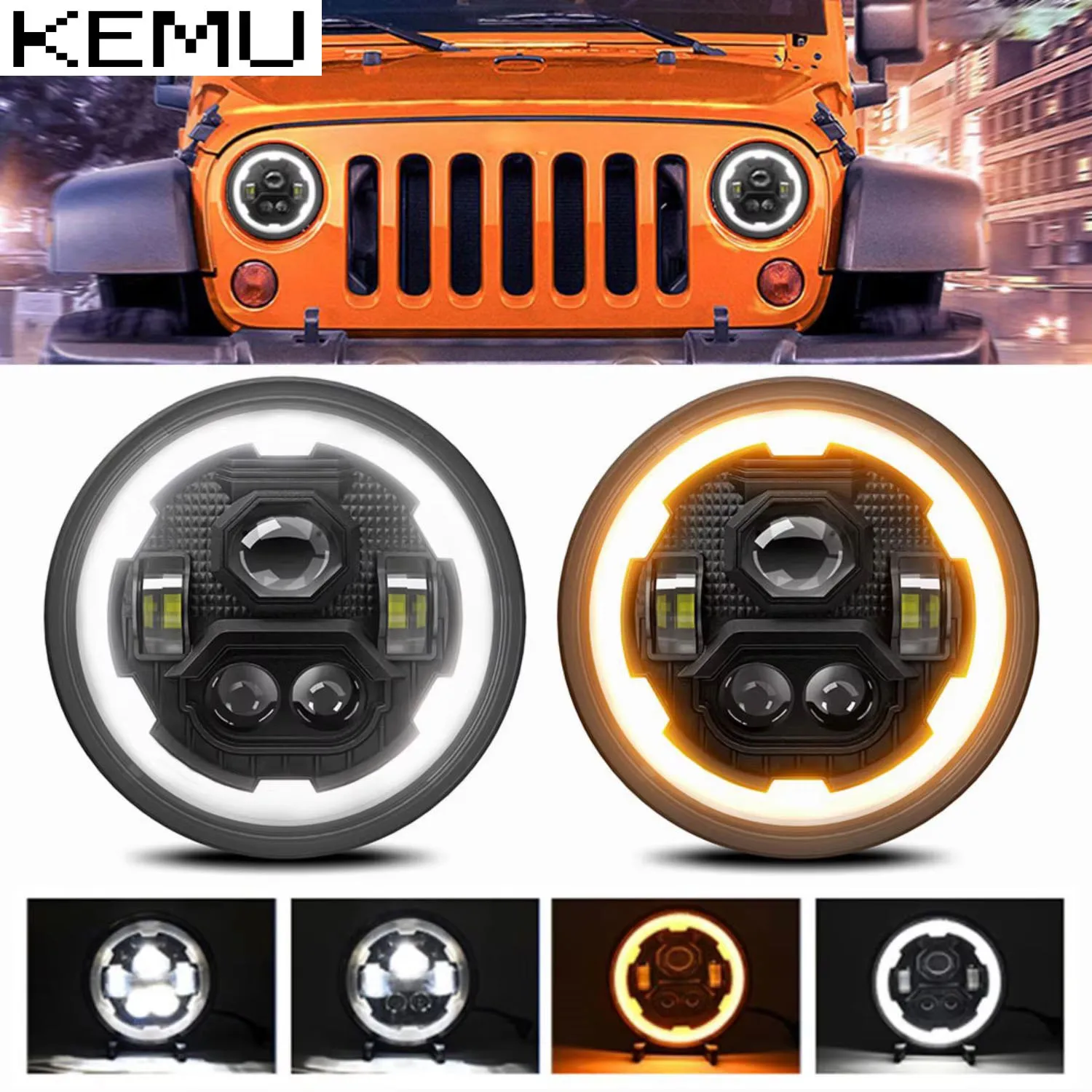 1/2Pcs 7 Inch LED Round Headlight Gear Angel Eye Wrangler Jeep Off-road Headlight H4 200W 6000K/3500K 30000LM 24V Headlamp 4x4