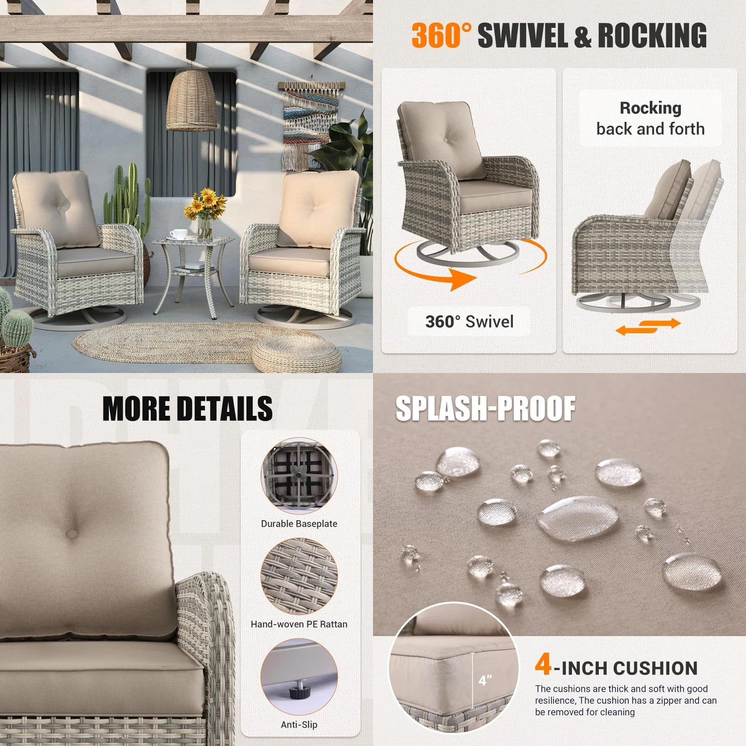 

Комплект из 2 предметов: плетеное кресло-качалка и стол для патио, устойчивые к погодным условиям, с мягкими подушками, для бистро, сада, террасы, балкона, бежевый, на заказ