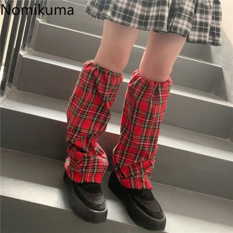 Women Red Plaid Sweet Leg Warmer Y2K Style Lady Patch Streetwear Fashion Foot Sleeve Harajuku PU Strap Korean Summer Socks 2024