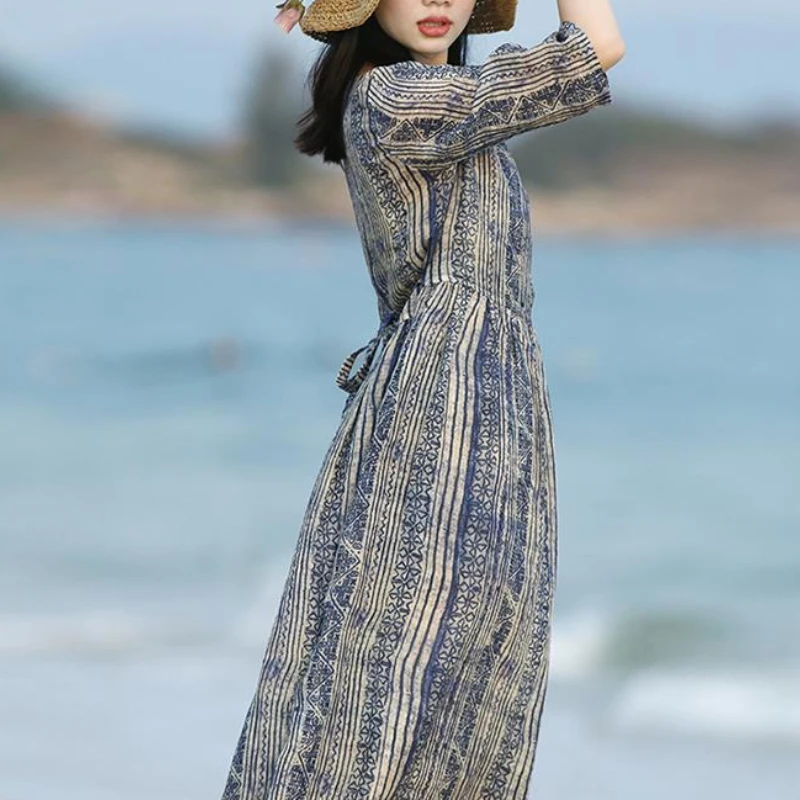 فستان من القطن والكتان، تنورة طويلة مخططة بتصميم عتيق، فستان نسائي لربيع وصيف 2025