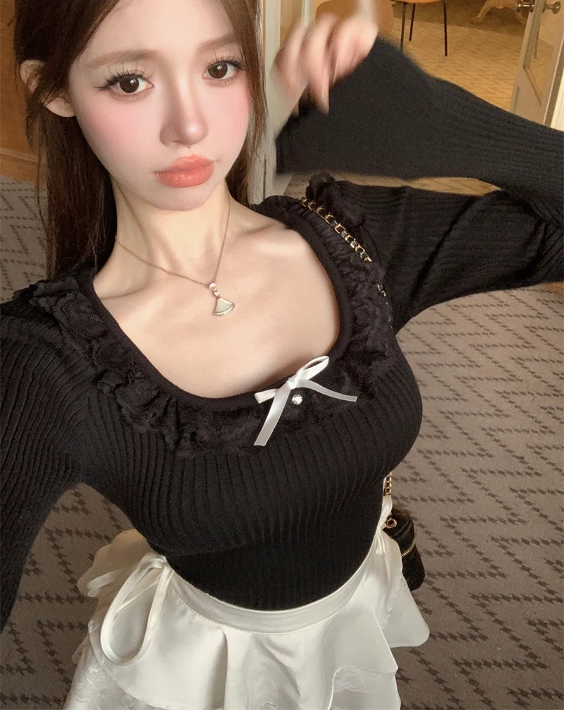 KUSAHIKI Bow Lace Ruffle Long Sleeve Knitwear Women Winter Slim Short Bottoming Knitted Y2k Tops 2024 New Sweaters Sueters Mujer