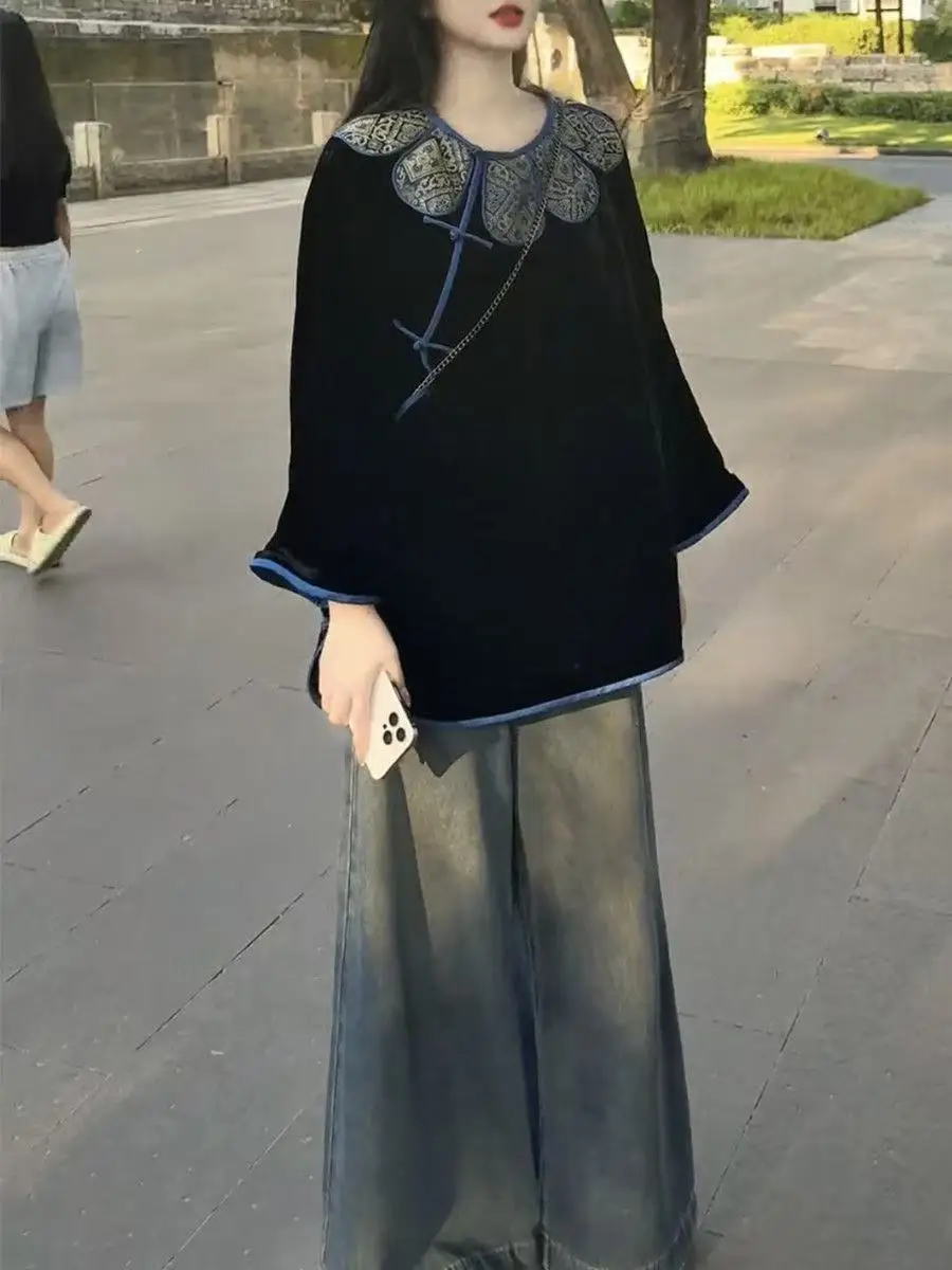 Vintage Autumn Elegant Velvet New Chinese-Style Women Loose Fit Qipao Top Daily Petal Collar Buckle Long Sleeve Shirt