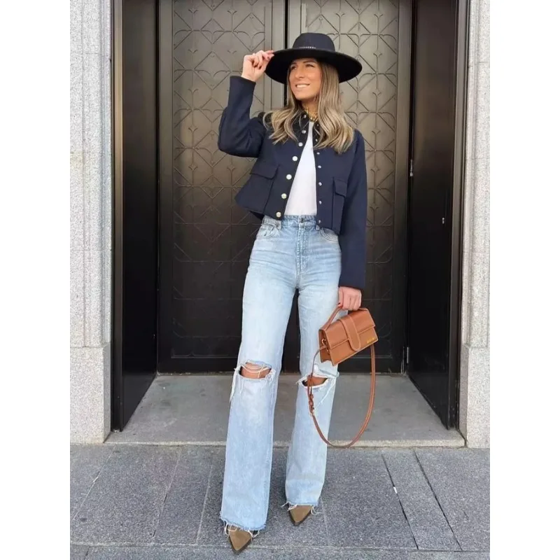 2025 Women's Aviator Black Jacket Wool & Blends Coats Cropped Bomber Jacket  Autumn Winter Demi-season Crop Jacket Outerwears