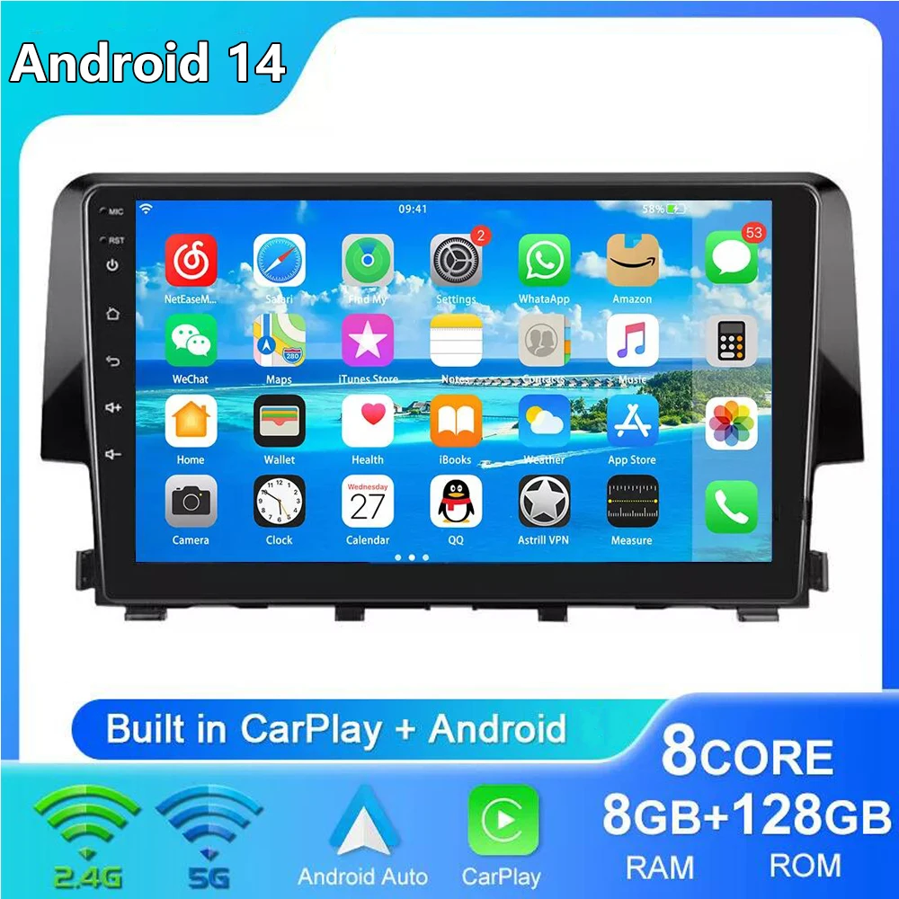 Android 14 Wireless Carplay For Honda Civic 2015 2016 2017 2018 2019 -2021 Car Radio Multimedia GPS Navigation Head Unit 4G+Wifi