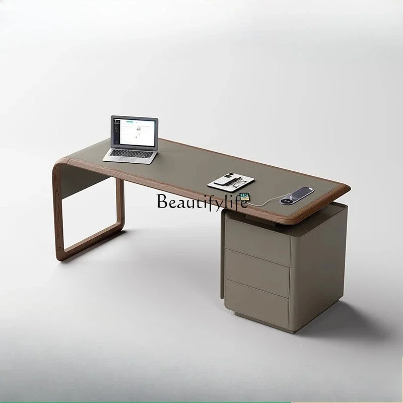 

Ls51Retro Style Saddle Leather Desk Italian Minimalist Computer Desk With Auxiliary Cabinet Solid Wood