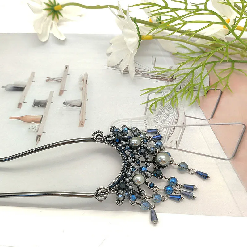 Simple and modern U-shaped pearl hairpins, elegant crystal tassel hairpins, high-end updo hairpins, Hanfu headwear for women