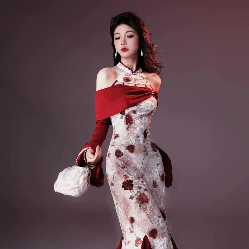 New - Chinese - style Velvet Printed Improved Cheongsam Dress for Women, 2024 Autumn, Waist - cinching, Slimming, Hip - hugging