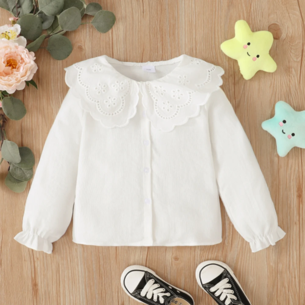 Kids Girl Long Sleeve Top Lace Collar Korean Style White Button T-Shirt Spring&Autumn Casual Clothing for Toddler Girl 1-6 Years