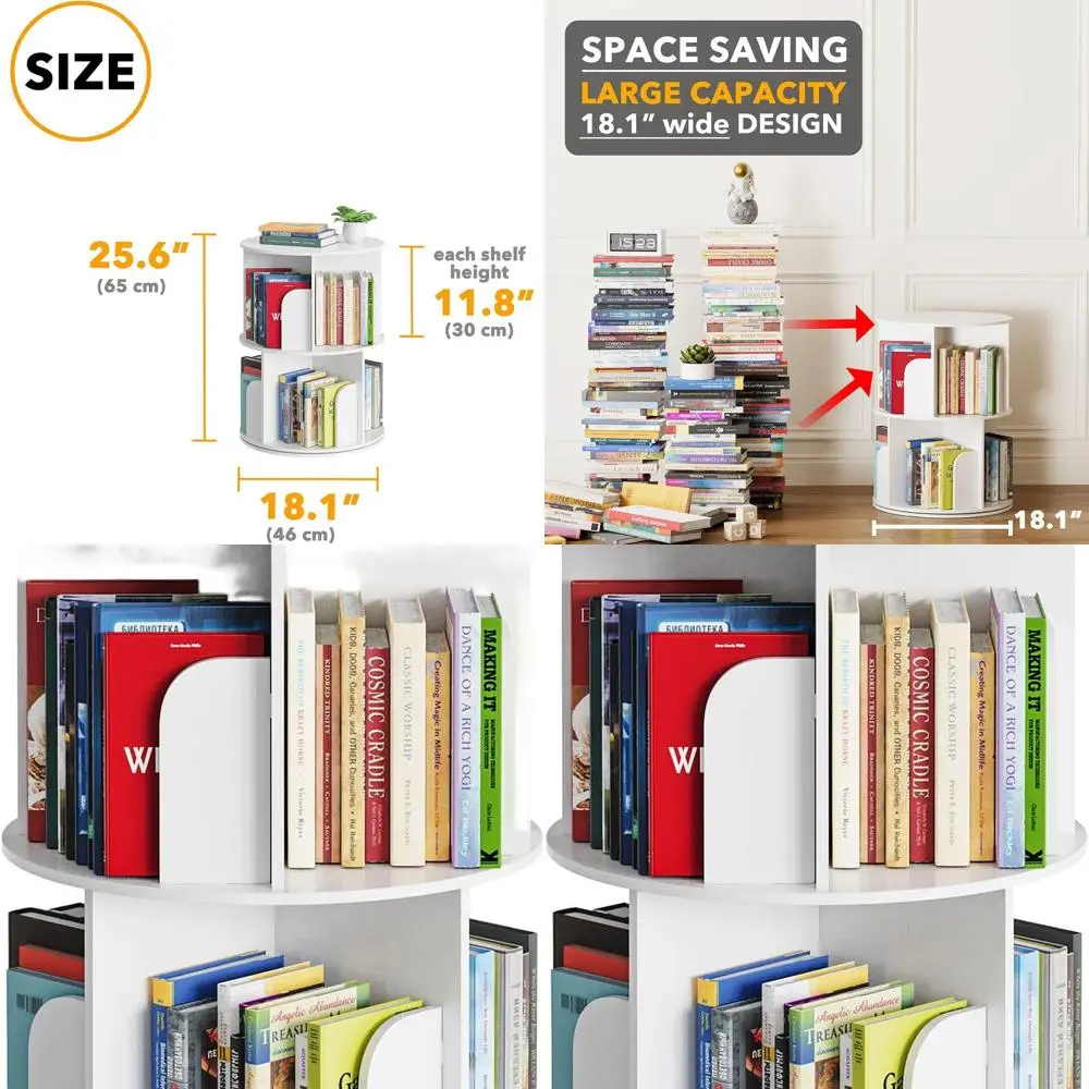 

White 2-Tier Rotating Bookcase, 360° Spinning Lazy Susan, Vertical Revolving Storage Organizer, Space-Saving Carousel