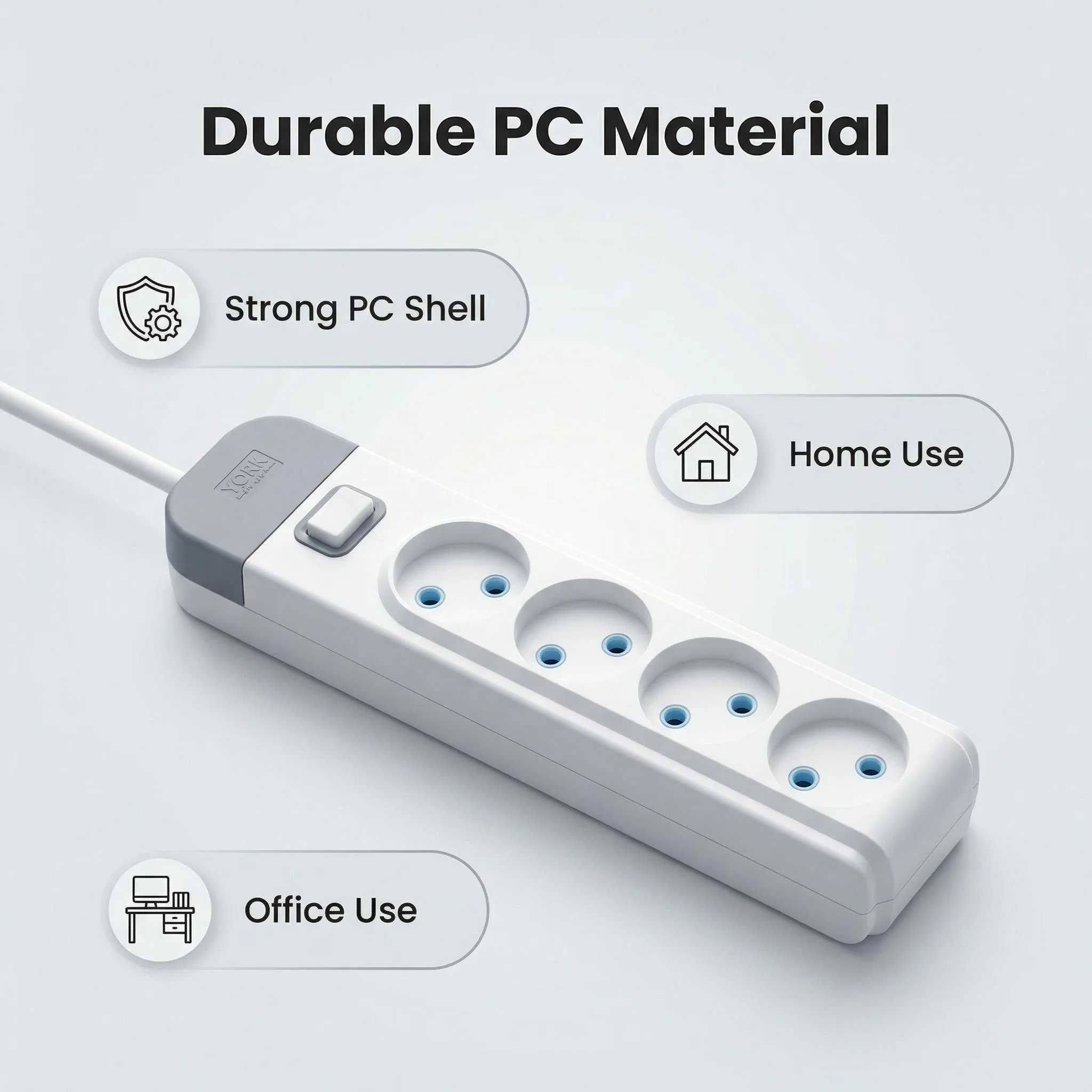 Cable de Extensión con Enchufe Europeo 4 en 1, 50Hz/230V/10A/2300W, con Interruptor de Encendido, Cable de Extensión de 2 Metros, Apto para
