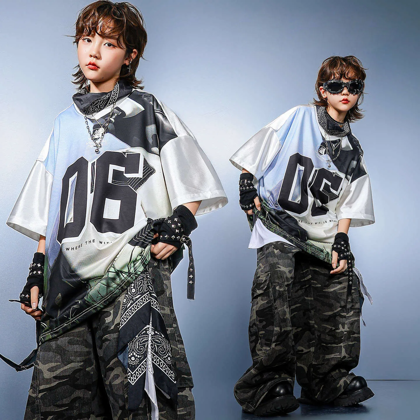 

Kid Kpop Hip Hop Clothing White Print Soccer Jersey T Shirt Top Camo Casual Baggy Cargo Pants for Girl Boy Dance Costume Clothes