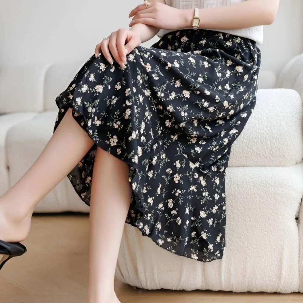 Floral Print A-Line Skirt Polyester Fabric Conceal Hip Design High Waist Skirt Slim Fit Summer Fabric Plus Size Skirt For Women