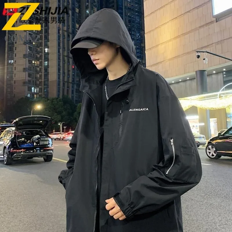 

COMXZ 2025 Мужская куртка, повседневная куртка с капюшоном, легкое пальто для кемпинга, свободный дизайн с принтом, ветрозащитная весенне-осенняя одежда