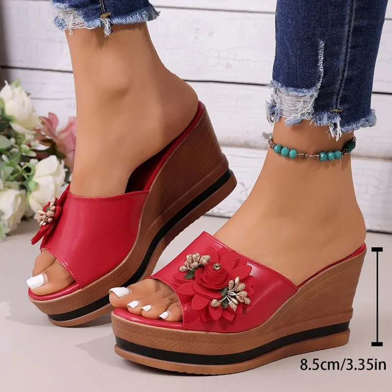 

New Summer Flower-Decorated Wedge Sandals Thick-Soled Platform Slippers Retro Ethnic Style Vacation and Commuting Open-Toe Shoes