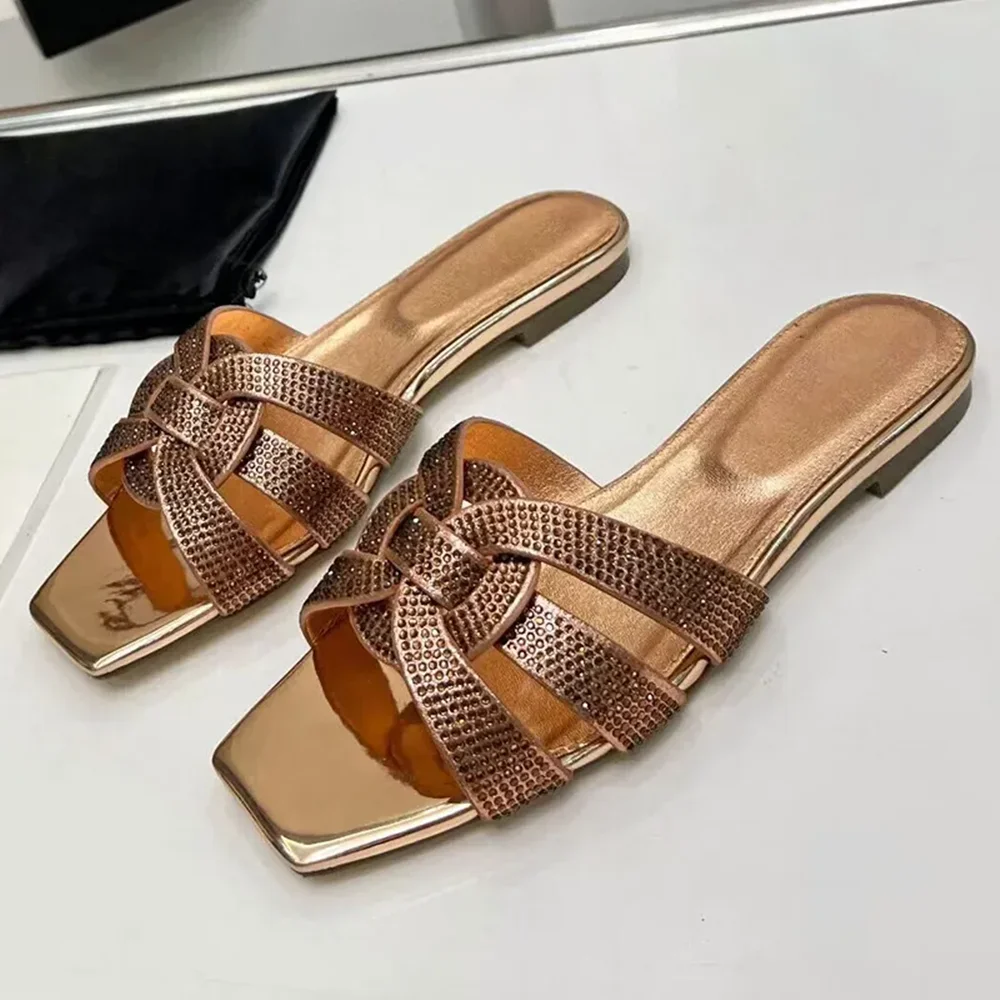 

Crystal Weaving Flat With Slippers Sexy Square Toe Slip On Matten Leather New Arrivals Fashion Women Casual Shoes