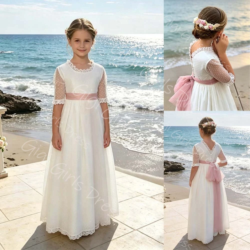 

Customized A-line/Princess First Communion Dress with Mesh Sashes Polka Dot Lace Flower Girl Dress 2-14 Kids Wedding Party Gown