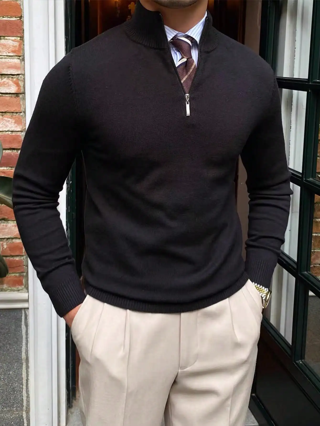 Men's Half Zip Mock Neck Knit Sweater for Casual and Business Wear