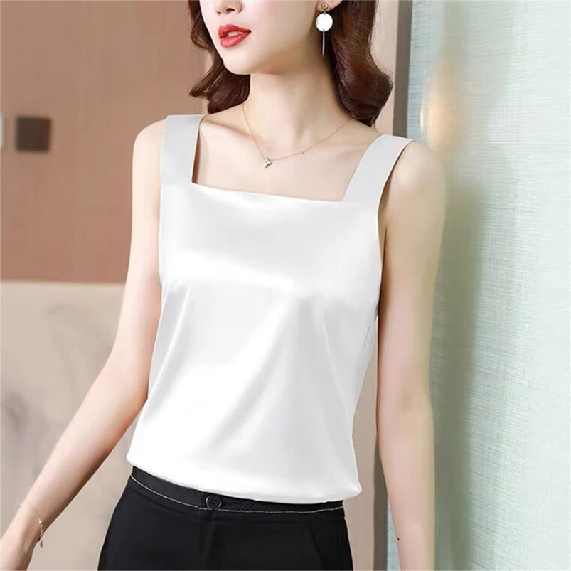 Spring Summer New Style Tank Tops Women Solid Satin Sleeveless Square Collar Loose T Shirt Ladies Vest Slim Clothes 10 Colors