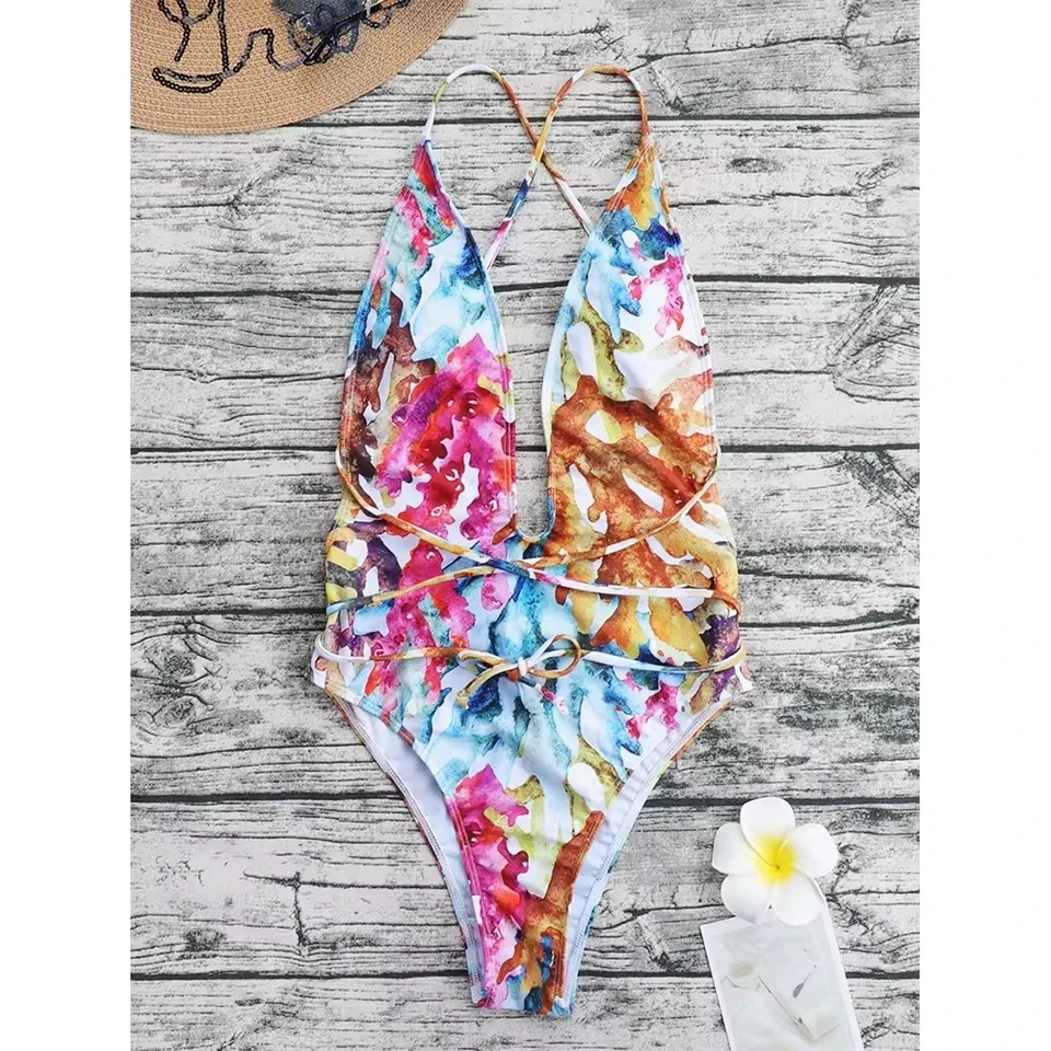 

Vintage Print Bikini Deep-V Extreme String Monokini Backless Bandage Swimsuit Y2K Swimwear Women Beach Outfit Bathing Suit