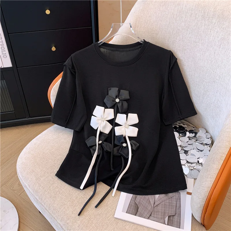 Elegant Lady 3D Pleated Flower Solid T Shirt Fashion Round Neck Short Sleeves Tops 2024 Spring Summer Casual Women Street Wear