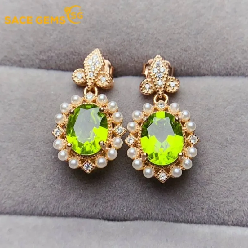 

SACE GEMS Fashion Jewelry Earrings for Women 925 Sterling Silver 7*9MM Natual Peridot Stud Earrings Wedding Party Fine Jewelry