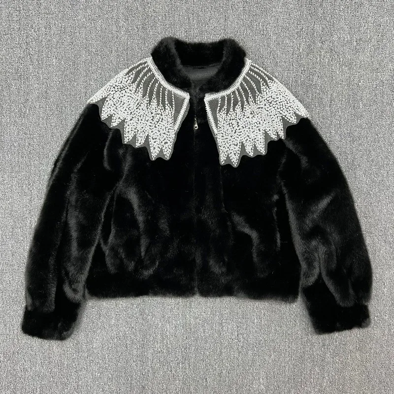 Unique Design Zipper Short Lace Shawl Imitation Mink Fur One-Piece Furry Coat Top 25 Autumn Winter New Faux Fur Jacket Outerwear