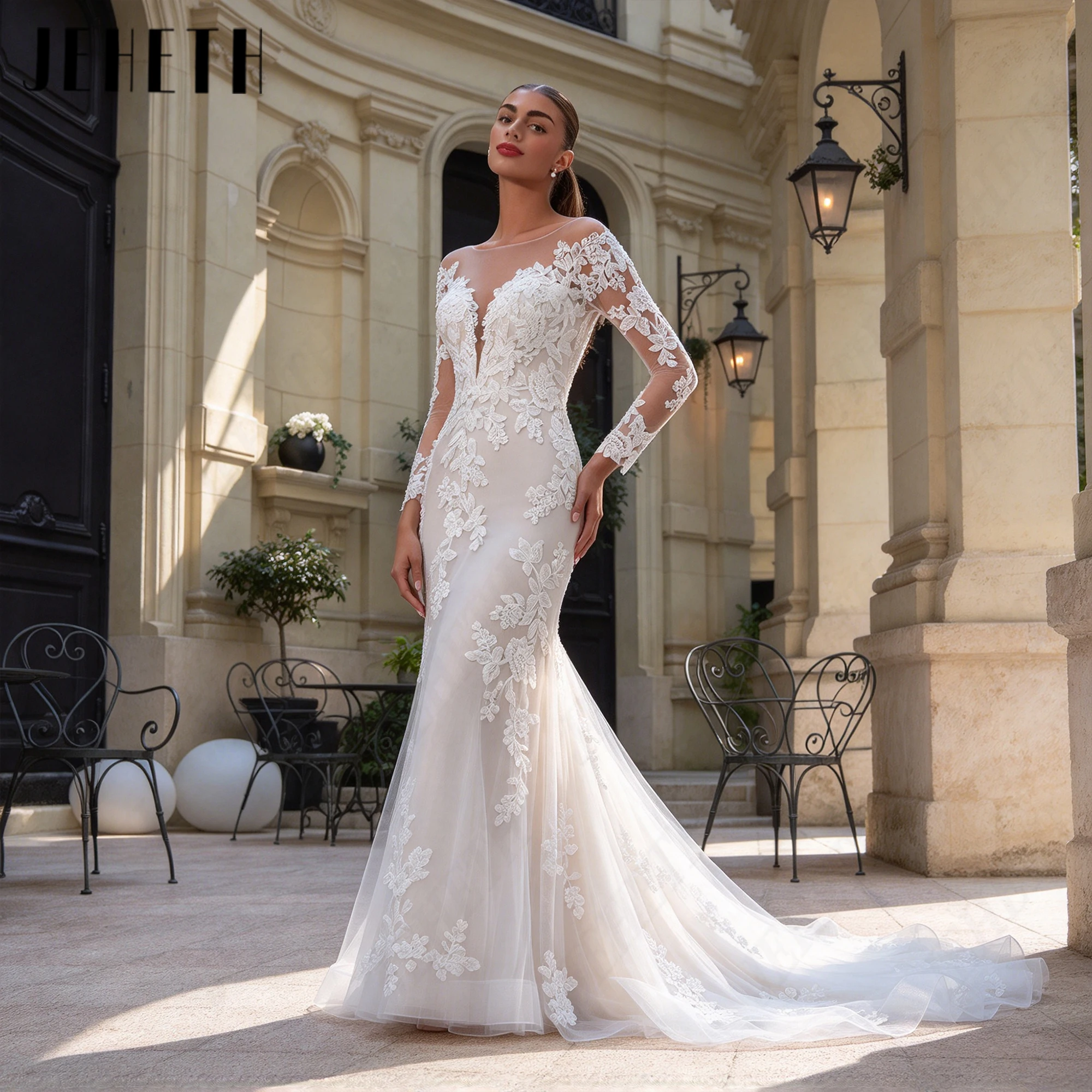 JEHETH Scoop Neck Long Sleeves Bride Gown Lace Appliques Sheer Back Wedding Dress Custom Made Tulle Mermaid Bridal Dresses