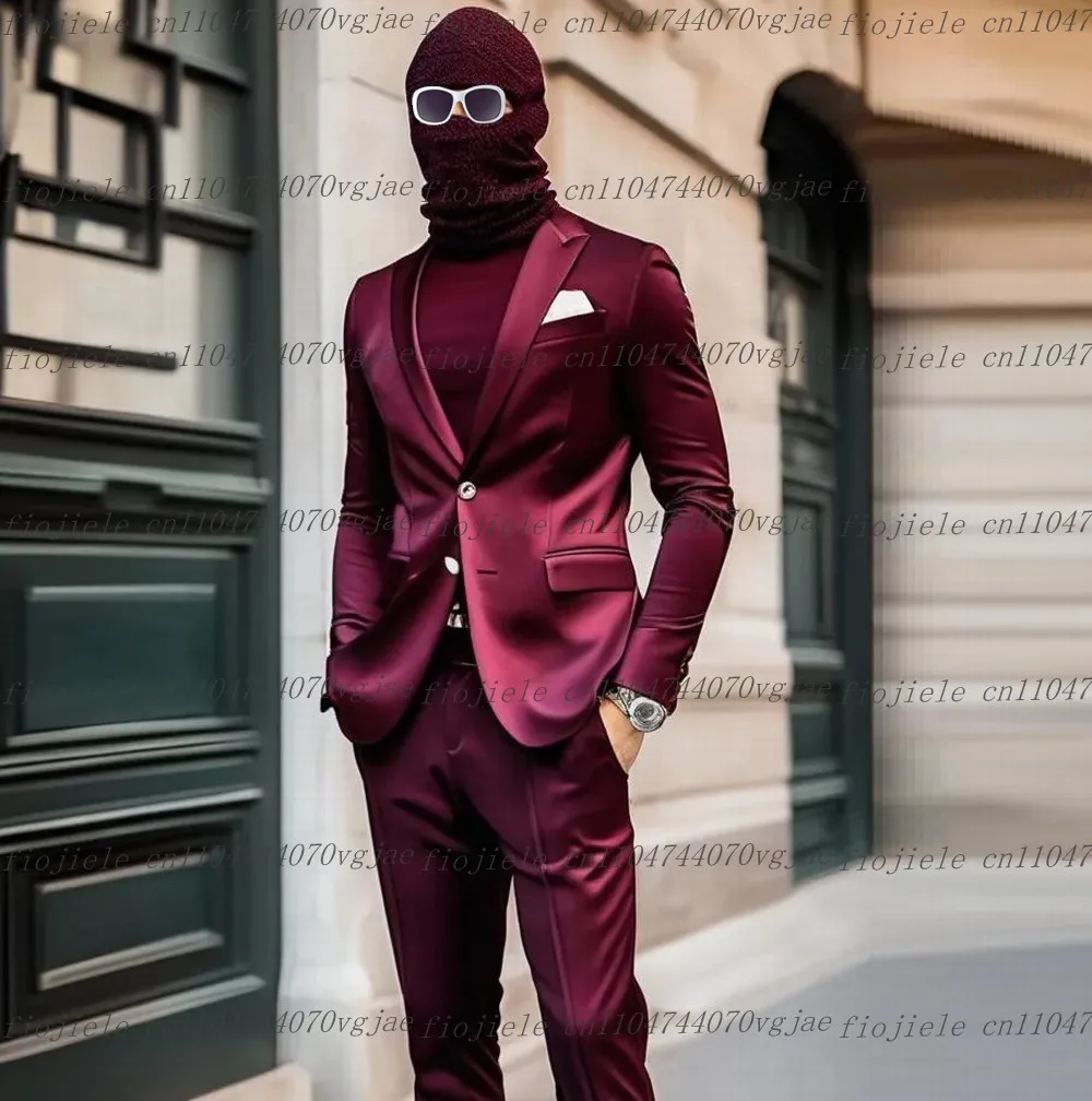 

Новый бордовый атласный мужской костюм из ацетата, официальная свадебная вечеринка, жених, жених, мужские смокинги, комплект из 2 предметов, куртка, брюки на заказ