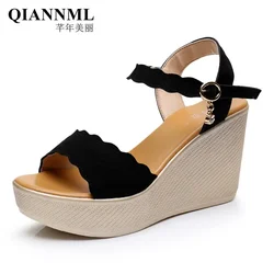 Small Size 32-43 Faux Suede Ankle Buckle Beach Office Platform Shoes Woman High Heels 2022 Summer Green Wedges Sandals