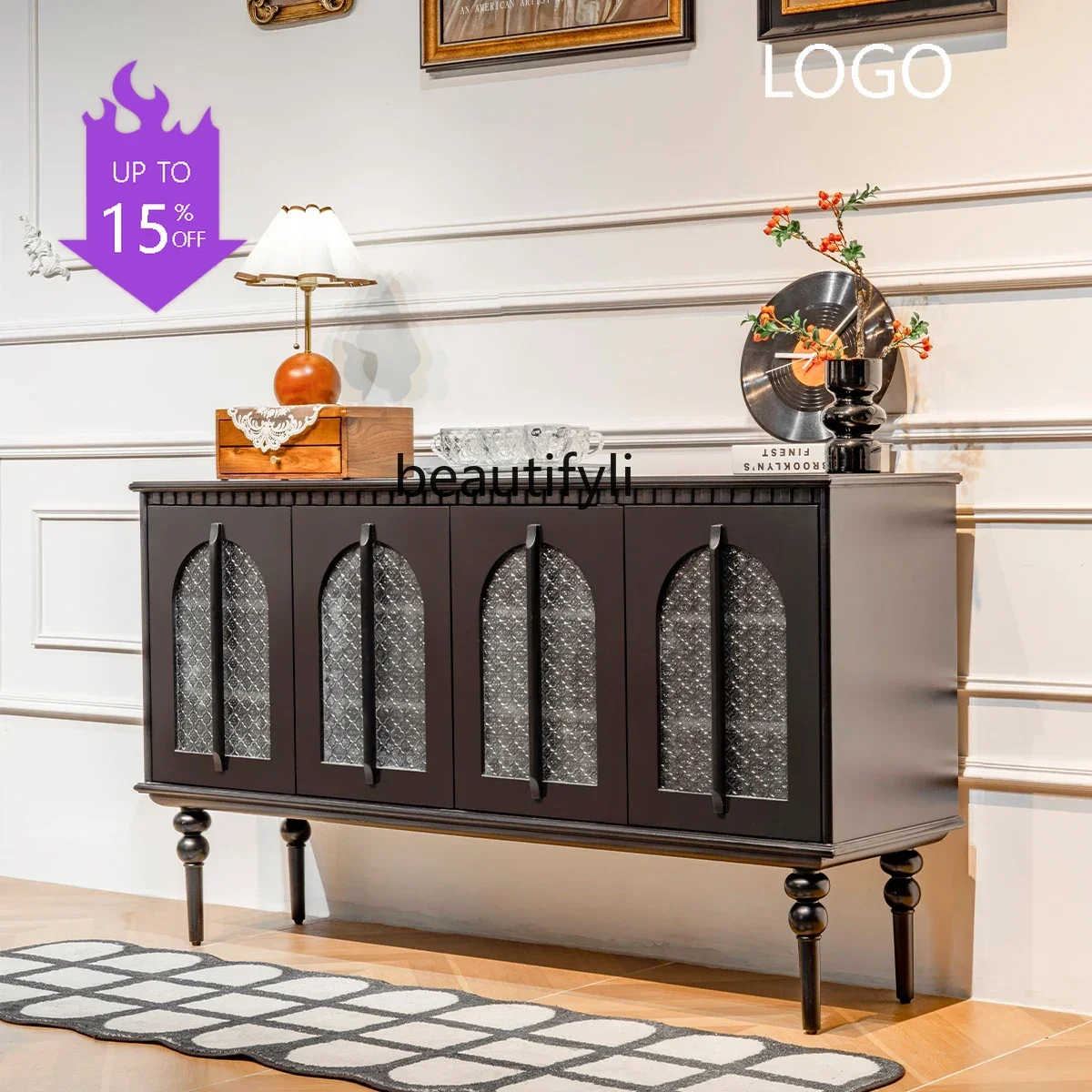 Q181 lAmerican retro style dining side, glass porch, arched door, black decorative living room TV cabinet