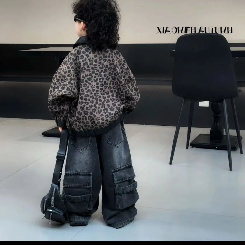Baby Boys Children Denim Spring Autumn Kid Fashion casual Leopard print Coat Jacket+Jean Pants 2Pcs Suits Set Streetwear Handsom