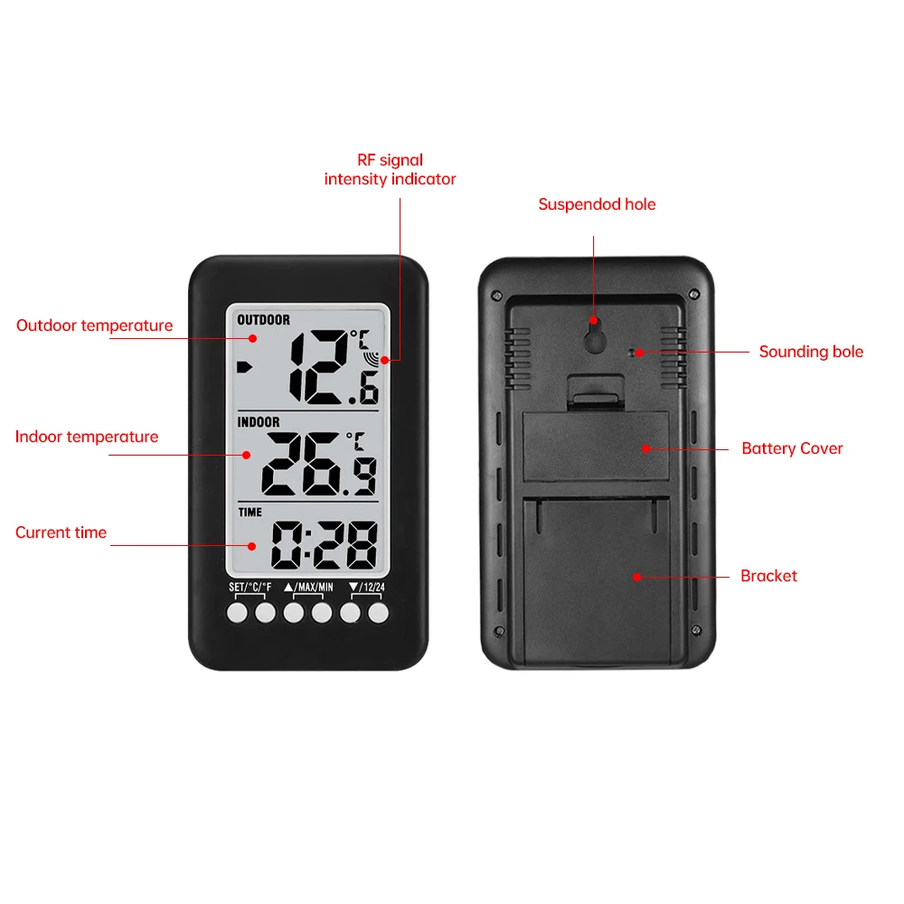 LCD 디지털 온도계 시계, 무선 0 ℃ ~ 50 ℃ 실내-30 ℃ ~ 70 ℃ 실외 온도 감지 계량기 시계, 송신기 포함, ℃/℉