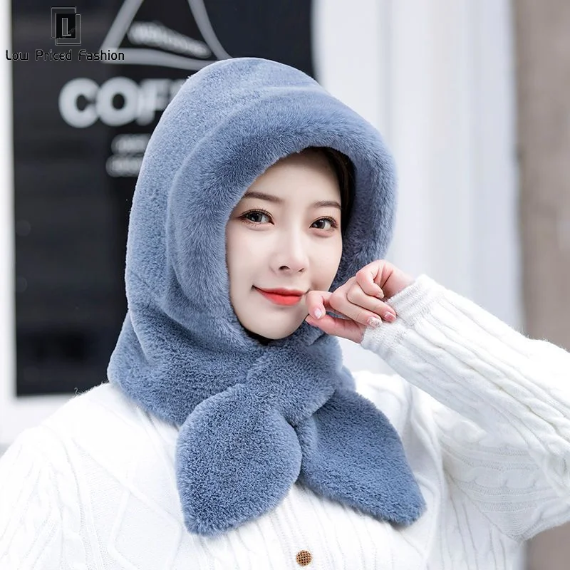 

Women Winter Hood Beanies Small Capes Outdoor Ski Windproof Warm Headgear Fluffy Faux Fur Female Cap Thick Plush Scarf