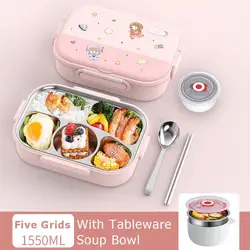 1550ML Stainless Steel Lunch Box Kids School Kawaii Bento Box Portable Sealed Food Storage Container for Student Office Worker
