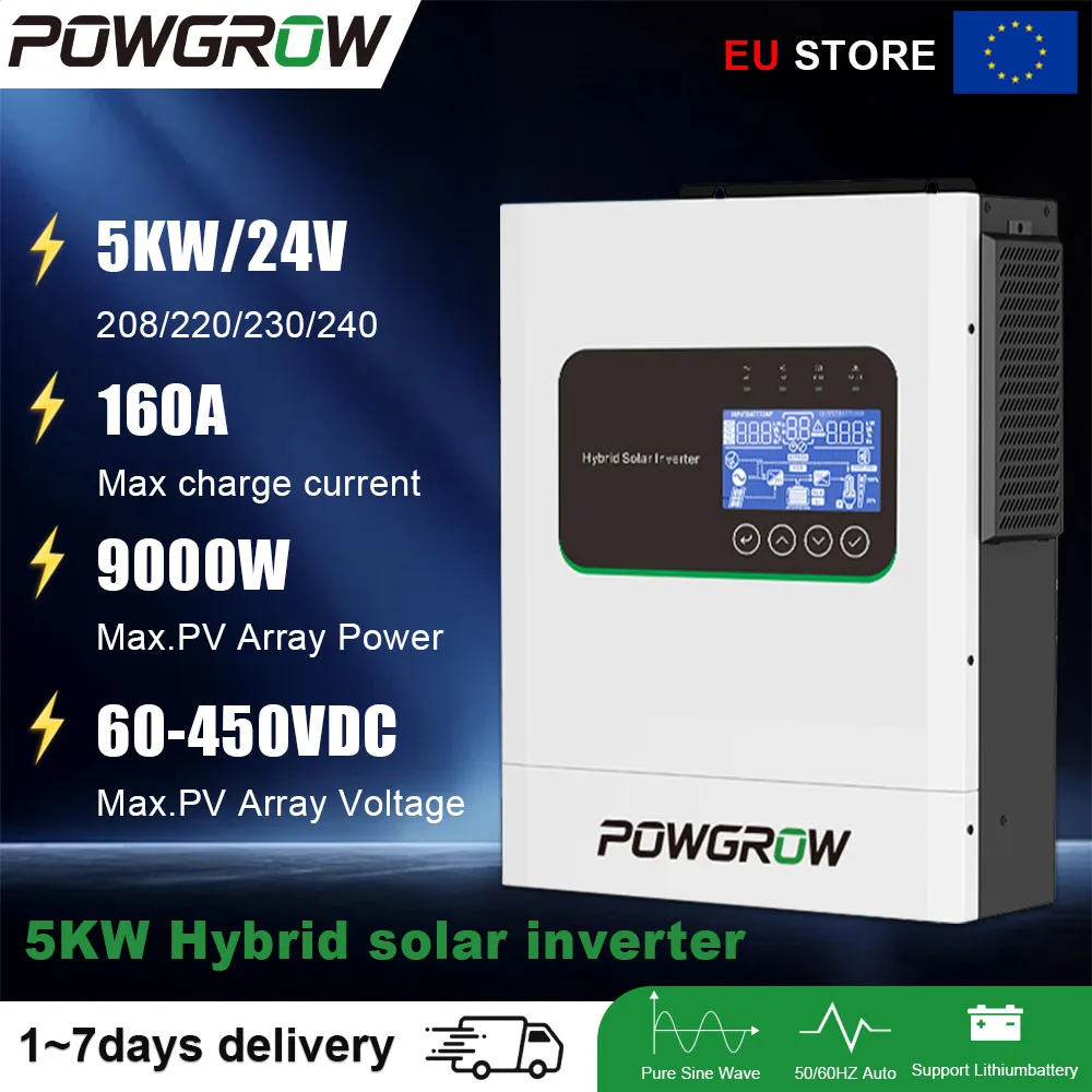 POWGROW 12KW 6.5KW 5KW 3.6KW Hybride Solar Inverter Dubbele Uitgang MPPT 48V Universeel 220V AC 160A Solarlader Max 500V PV Ingang Zuivere Sinusgolf