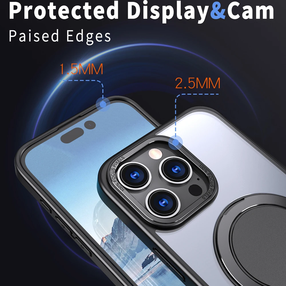 KEYSION Shockproof Matte Case for MagSafe for iPhone 15 Pro Max 14 13 12 11 360 ° Rotating Magnetic Ring Transparent Phone Cover